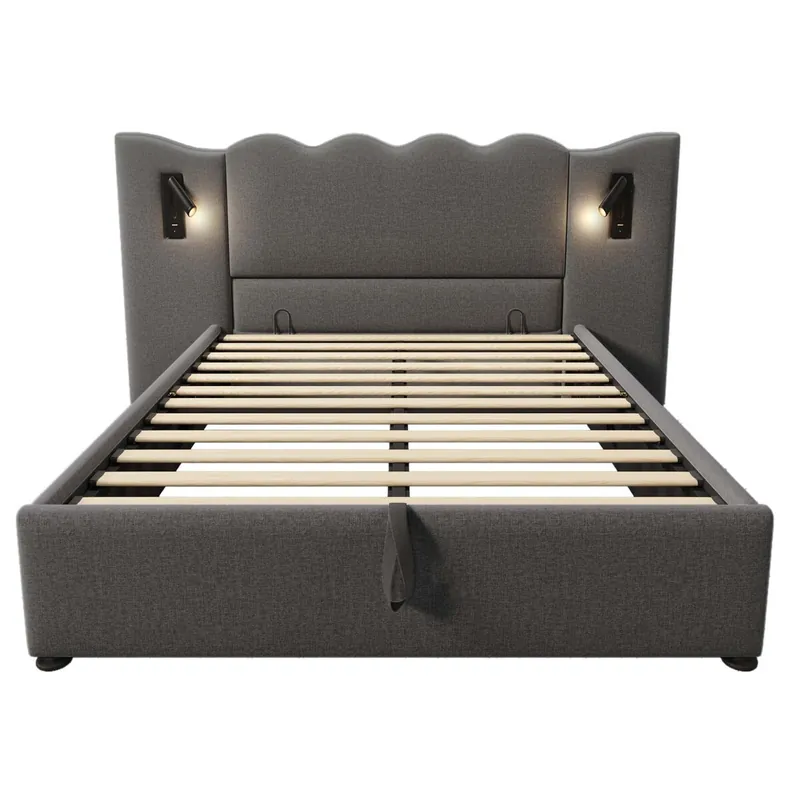 Cama tapizada 160x200 con lámpara de lectura, puerto USB Type-C y almacenaje - Gris
