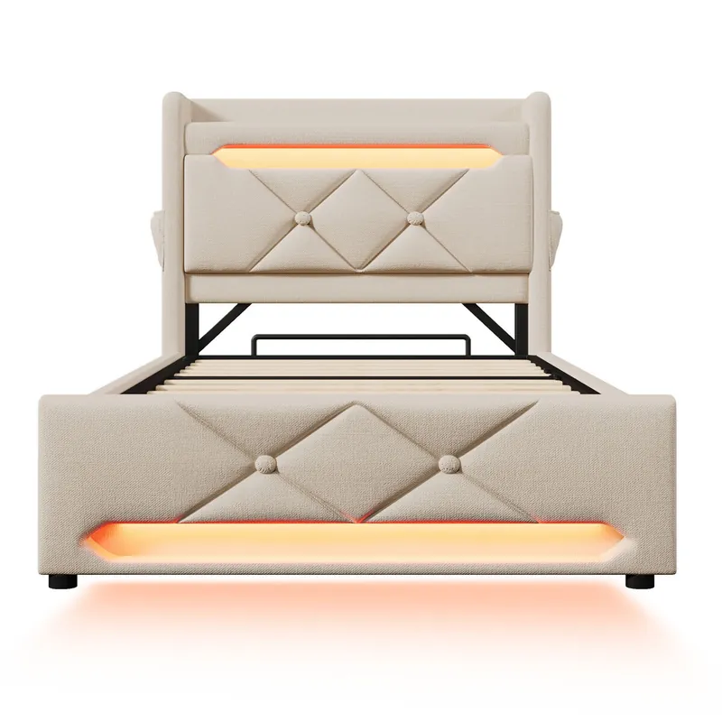 Cama individual 90x200 - Con almacenamiento y LED 360 - Beige