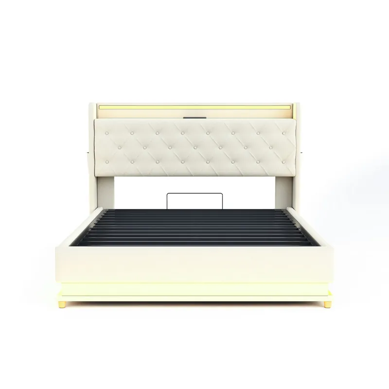Cómoda Cama Tapizada con LED 140x200 cm - Con Puerto de Carga USB - Tela de Lino - Beige