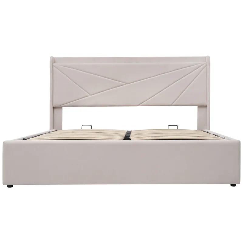 Cama contenedor de tela de lino 140x200 cm - con puerto USB y somier - Beige