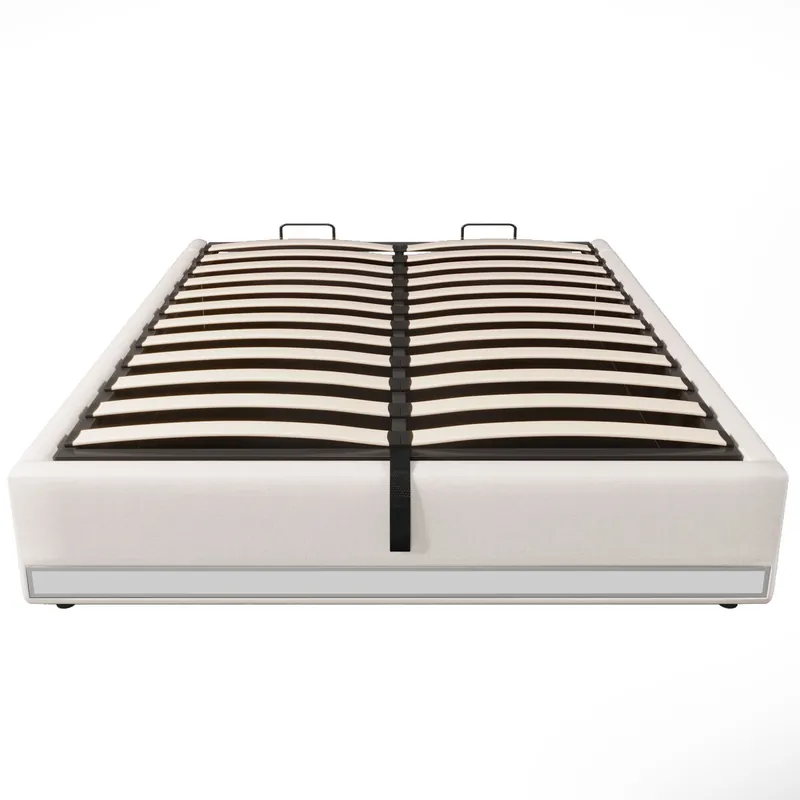 Cama tapizada 140*200 cm - LED con mando a distancia, USB y Type-C, almacenamiento hidráulico - Beige