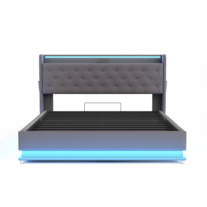 Cómoda Cama Tapizada con LED 160x200 cm - con Puerto de Carga USB - Tela de Lino - Gris
