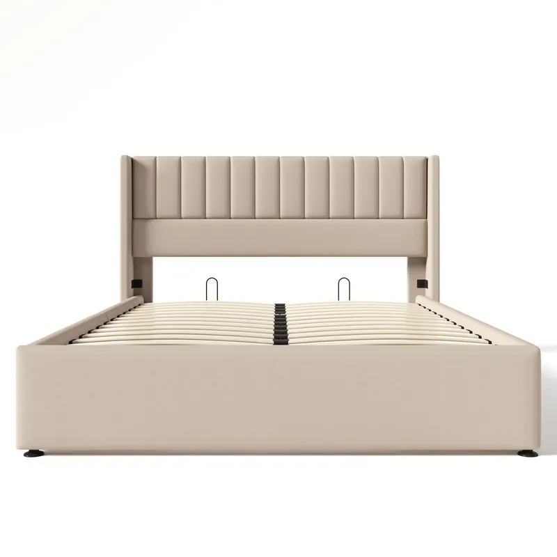 Cama hidráulica 160x200cm - Estructura de madera y metal, con colchón - Beige