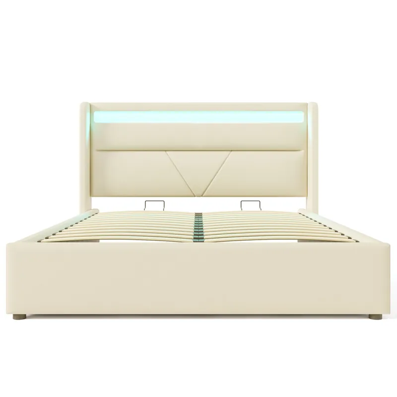 Cama tapizada 160x200 - con LED y almacenamiento - Blanco