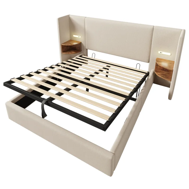 Cama tapizada 160×200 - con mesita, lámpara de lectura y USB Type-C, almacenamiento, estructura madera y metal - Beige