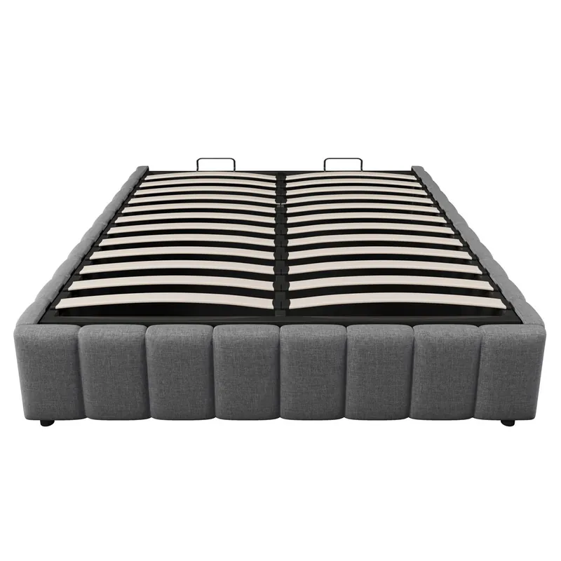 Cama tapizada 140x200cm - Almacenamiento hidráulico, sin cabecero, sin colchón - Gris