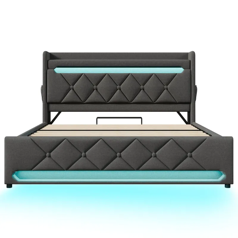 Cama Polsterbett 180x200 - Con almacenamiento, puerto USB y tipo C, función LED 360 - Gris