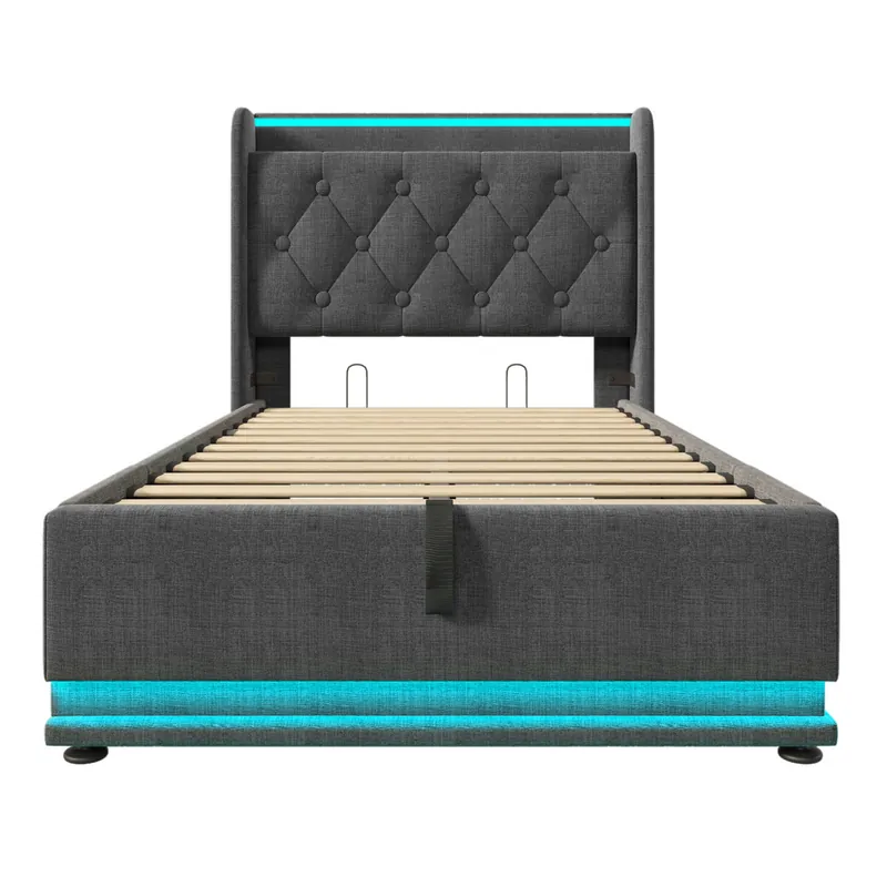 Cama individual tapizada 90*200 - LED 360, hidráulica, cabecero acolchado con USB Tipo-C - Gris