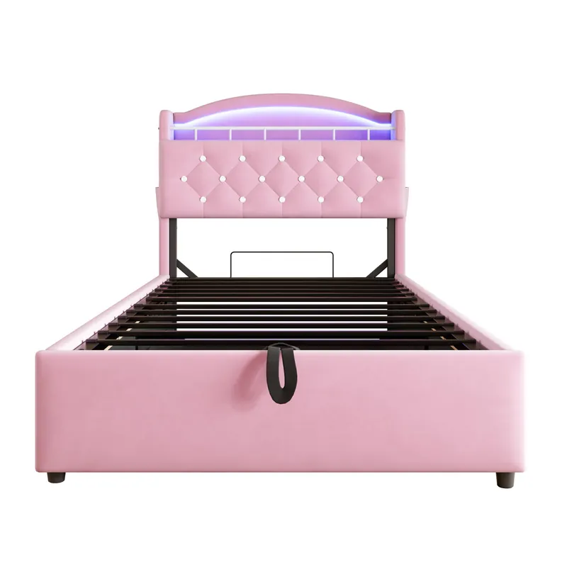 Cama infantil 90x200 - Cama multifuncional con almacenamiento, LED y puerto USB - Rosa