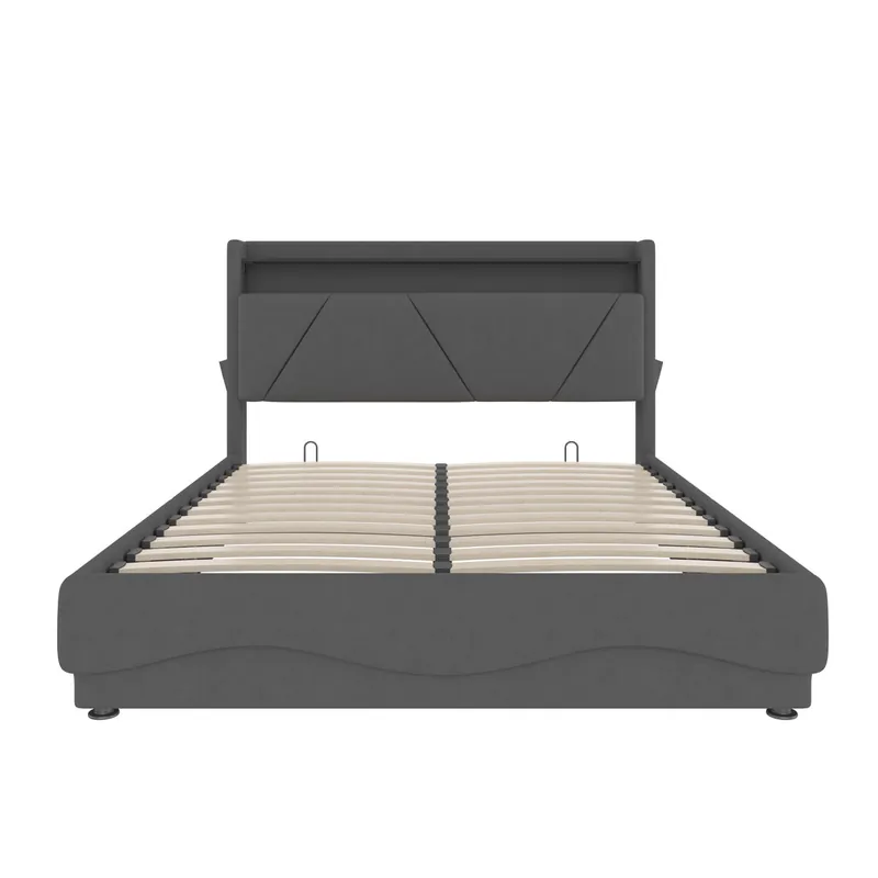 Cama tapizada 140x200 cm - Cabezal con LED y superficies de almacenamiento, sistema de somier a gas, puertos USB certificados, bolsillos laterales - Gris