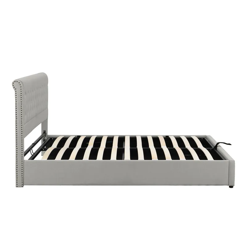 Cama contenedor tapizada de lino - decorada con remaches - con somier de láminas - 140x200cm - Gris claro