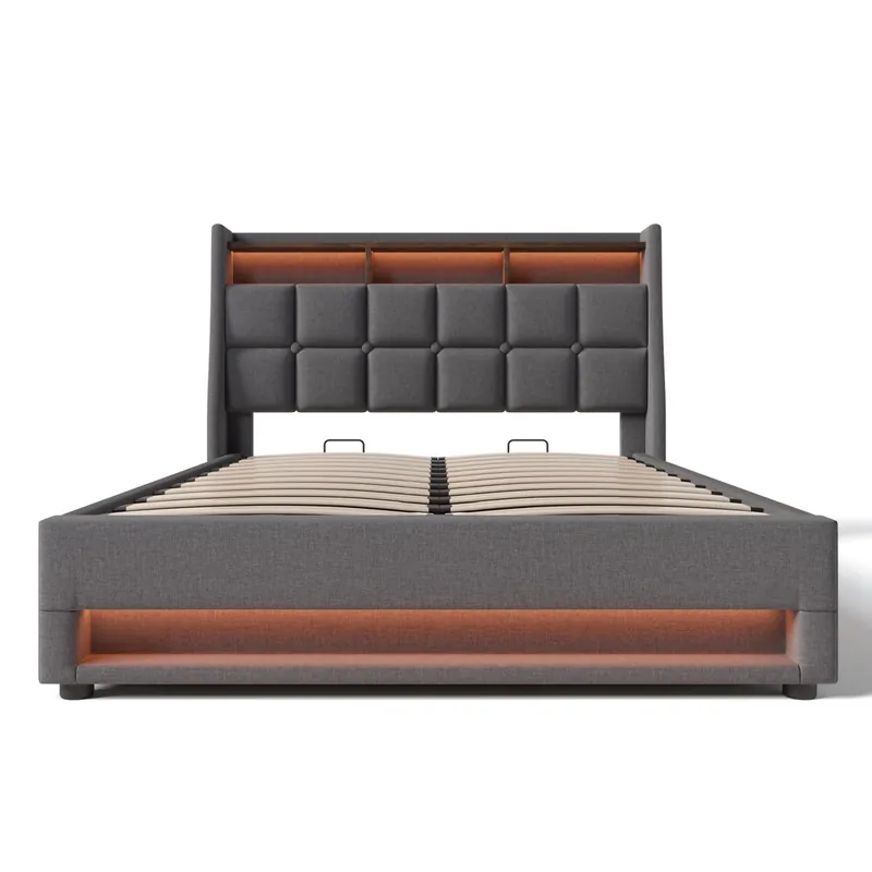 Cama tapizada LED 160x200cm - Cama doble con USB, base de metal, estructura de lino, con colchón - Gris