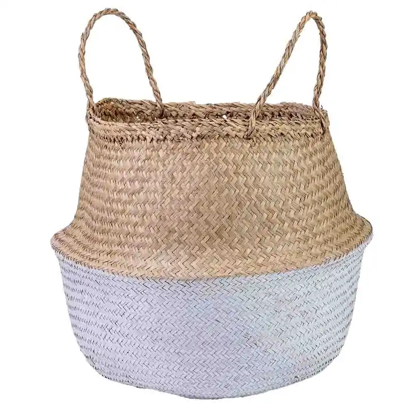 Capazo con asas natural, pintura blanca, D40x36/48h cm - Decoración