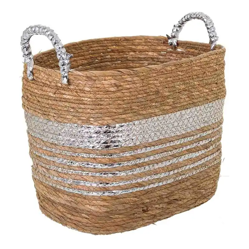 Capazo de fibra natural forrado marrón 37x28x28 - Decoración