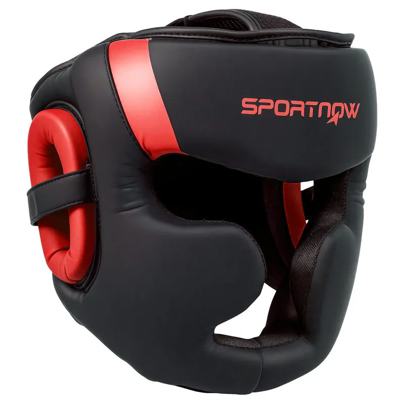SPORTNOW Casco de Boxeo Helmet MMA con Correa Ajustable Protector de Cabeza para Grappling Sparring Artes Marciales Kickboxing Karate Talla L Rojo y Negro - Deporte