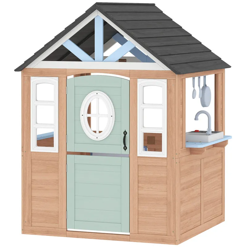 AIYAPLAY Casita Infantil Exterior e Interior de Madera, Casita Infantil con Puerta para Mascotas, Cocina de Juguete, Media Puerta y Ventanas, Casa de Jardín para Niños de +2 Años, Madera Natural
