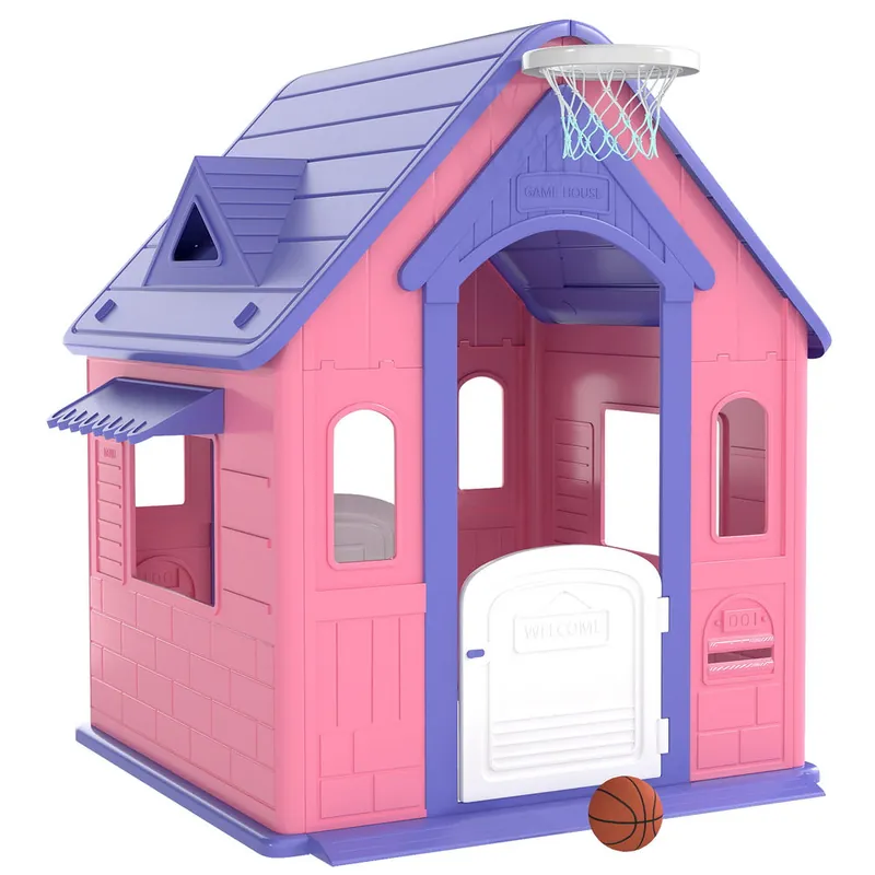AIYAPLAY Casita Infantil Exterior e Interior 3 en 1, Casita Infantil de Jardín con Lanzamiento de Aros, Baloncesto, Casa de Juegos para Niños de 2-5 Años, Rosa y Morado