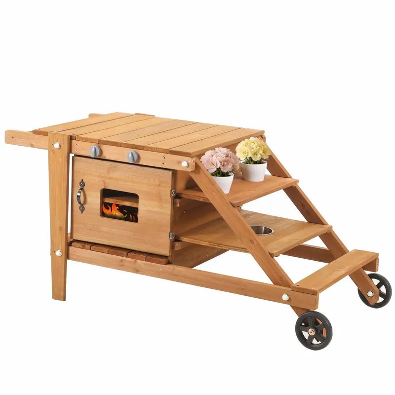 Cocina infantil exterior con ruedas - cocina de barro para niños con accesorios, carrito de comida de madera, cocina de jardín para niños a partir de 3 años - natural