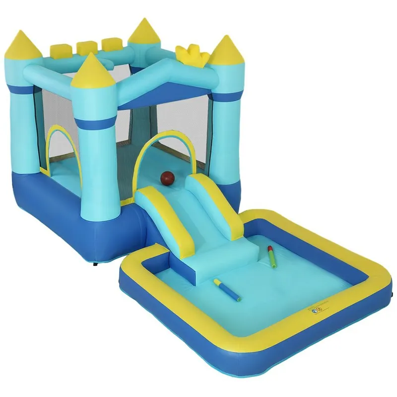 AIYAPLAY Castillo Hinchable para Niños con Soplador, Castillo Hinchable con Tobogán, Cama Elástica, Piscina y Aro de Baloncesto, para Niños 3-8 Años, Interior y Exterior, 364x173x182 cm, Azul