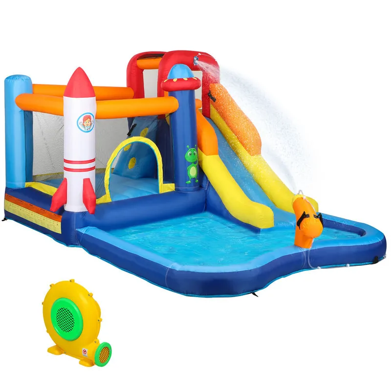 AIYAPLAY Castillo Hinchable con Soplador 5 en 1 Parque Acuático Hinchable para Niños con Tobogán Piscina de Chapoteo Escalada y Cañón de Agua para Exterior Interior 360x250x195 cm - Jardín
