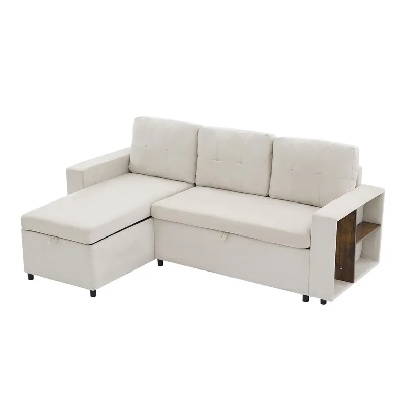 Chaise longue 3 plazas fija reversible de tela con almacenaje,beige - Sofás sillones puffs