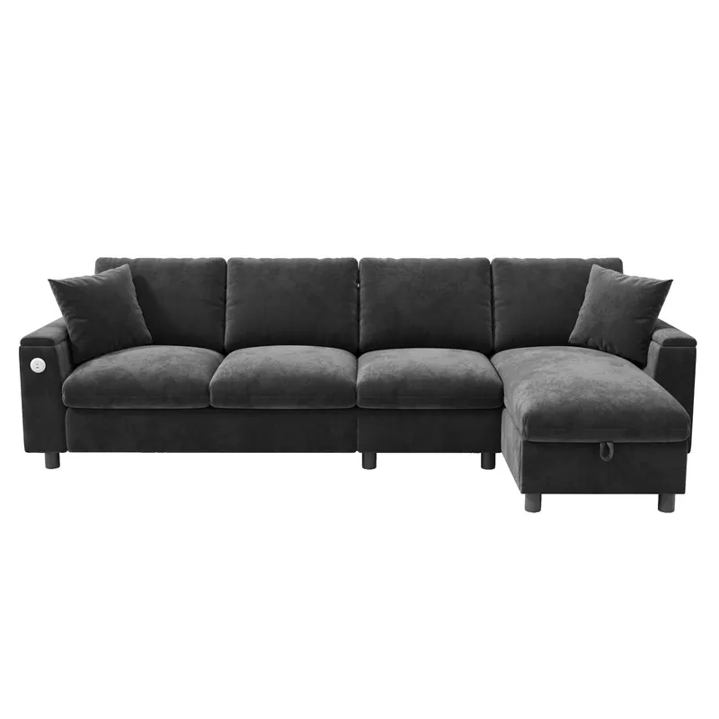 Chaise longue 4 plazas fija reversible de tela con almacenaje,gris - Sofás sillones puffs