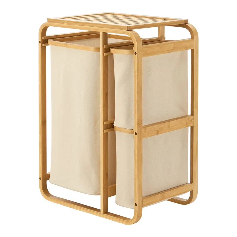 Clasificador de ropa Evenes con 3 bolsas/ 38 L + 12 L bambú/poliéster 71 x 50 x 33 cm - Beige [en.casa]