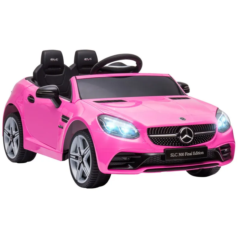AIYAPLAY Coche Eléctrico para Niños de +3 Años, Mercedes SLC 300, Coche Eléctrico 12V, con Mando a Distancia 2,4 G, Ruedas Traseras con Suspensión, Faros LED, Música, USB, Motor Doble, Rosa - Electrónica
