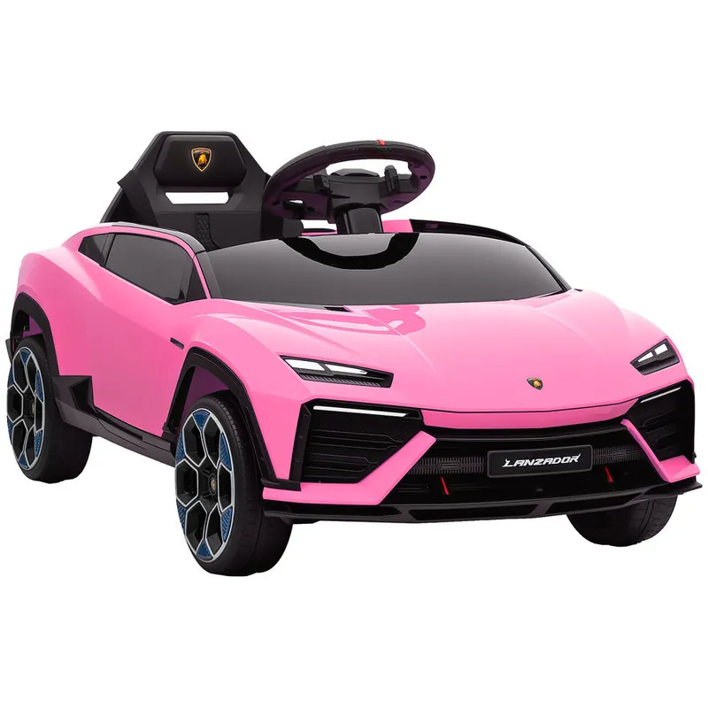 AIYAPLAY Coche Eléctrico para Niños de +3 Años, Lamborghini, Coche de Batería 12V, con Mando a Distancia 2,4 G, Motor Doble, Ruedas con Suspensión, Faros, Música, USB, Rosa - Electrónica