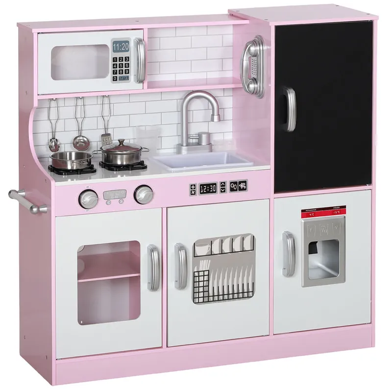 AIYAPLAY Cocina de Juguete Cocina para Niños de +3 Años Cocinita Infantil de Madera con Accesorios para Cocinar Pizarra Máquina de Hielo y Teléfono 83,8x26,8x81 cm Rosa - Jardín