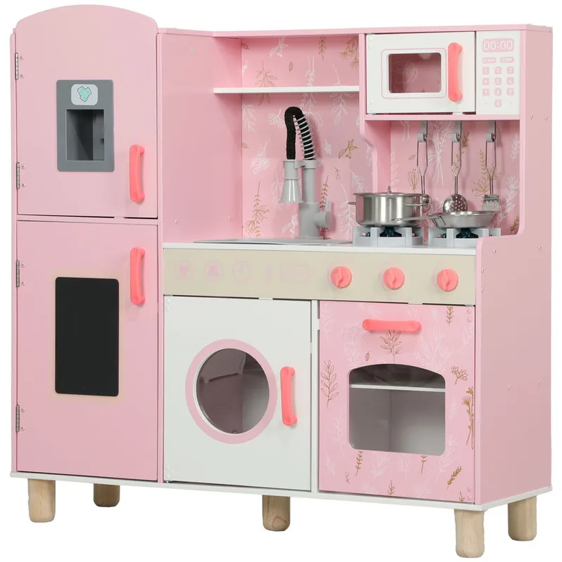AIYAPLAY Cocina de Juguete para Niños +3 Años Cocina de Madera Infantil Cocinita Infantil con Sonido Fogón Horno Grifo Fregadero Microondas Lavadora Máquina de Hielo y Accesorios de Cocina Rosa - Jardín