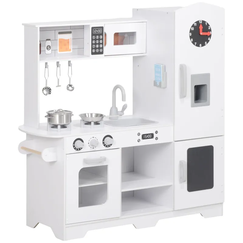 AIYAPLAY Cocina de Juguete para Niños +3 Años Cocina de Madera Infantil Cocinita Infantil con Fogón Grifo Fregadero Microondas Reloj Máquina de Hielo y Accesorios de Cocina Blanco - Jardín