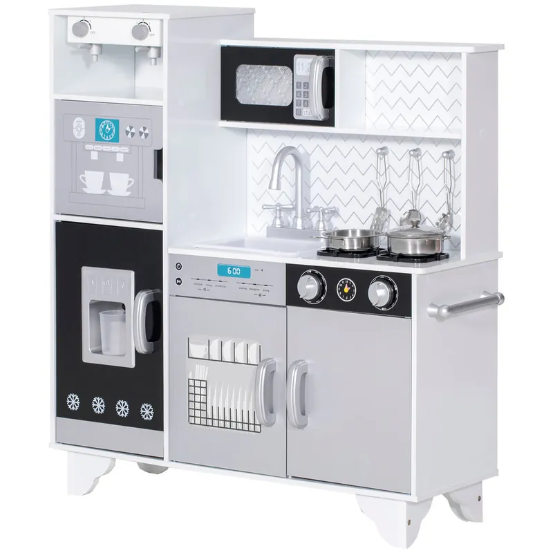 AIYAPLAY Cocina de Juguete de Madera con Sonido, Cocinita Infantil con Accesorios de Acero Inoxidable, Microondas, Máquina de Hielo, Cafetera, Lavavajillas, 79,5x24x83,8 cm, Blanco - Jardín