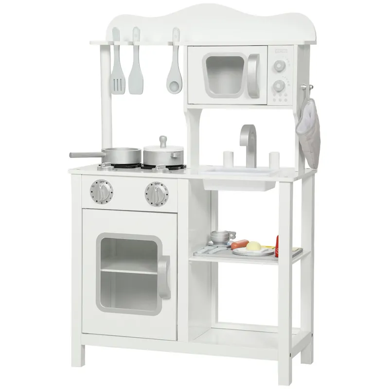 AIYAPLAY Cocina de Juguete de Madera con Sonido, Cocinita Infantil con Accesorios, Fregadero, Microondas y Fogón, Juguetes para Niños a Partir de 3 Años, 55x24x86 cm, Blanco - Jardín