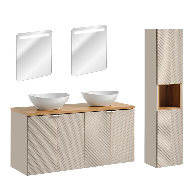 Conjunto mueble doble lavabo 120cm 4 puertas espejos LED y columna Manoa Cachemira y Madera - Baño