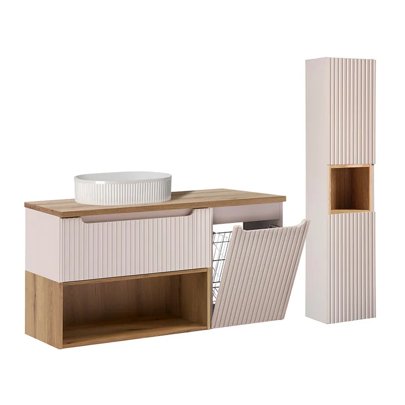 Conjunto de lavabo individual de 120 cm con cesto para ropa sucia y columna Riva Cashmere y Wood - Baño