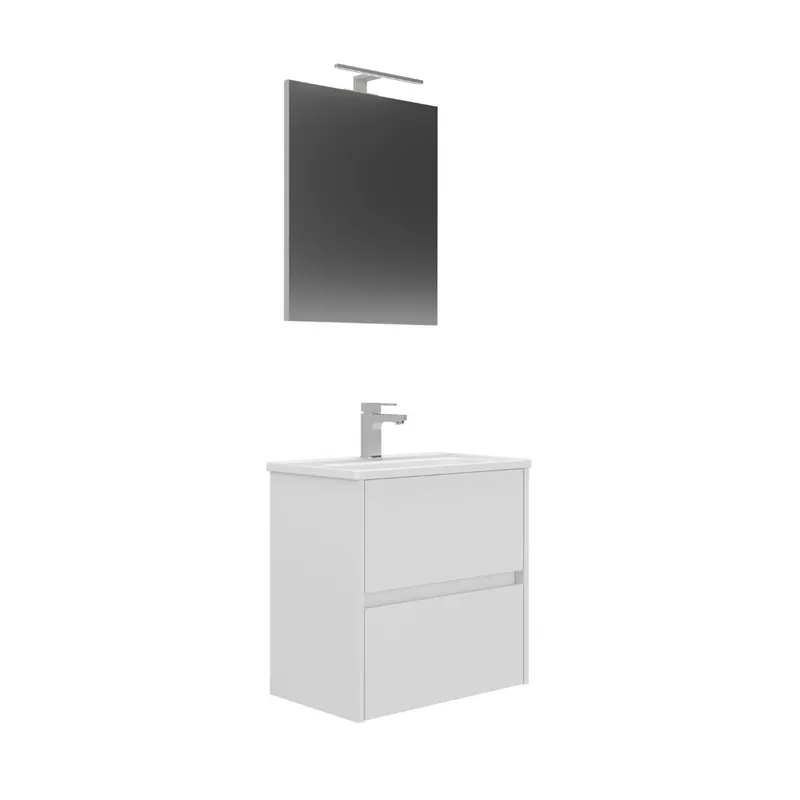 Conjunto de Mueble LOVA de Baño de 2 Cajones con Lavabo y Espejo con aplique de luz de 60 cm Blanco