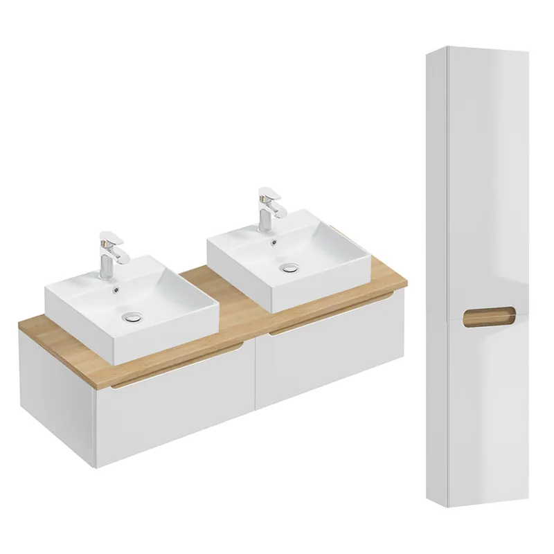 Conjunto de muebles con doble lavabo 120cm 2 cajones y columna Livia Blanco y Madera - Baño