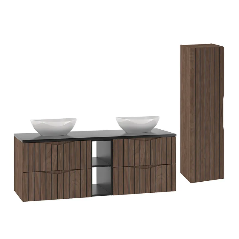 Conjunto de muebles con doble lavabo 140cm 2 compartimientos y columna Siena madera y negro - Baño