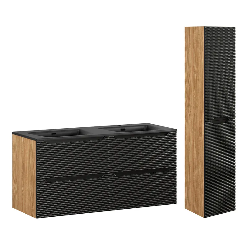 Conjunto de muebles con doble lavabo encastrado 120cm 4 cajones y columna Elora Beige y madera - Baño