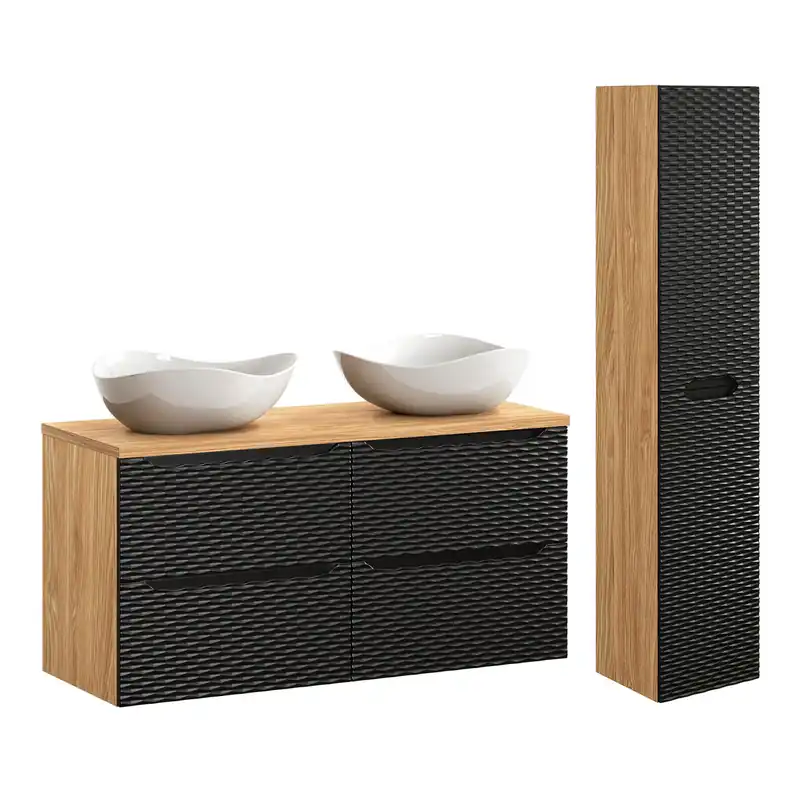 Conjunto de muebles con doble lavabo 120cm 4 cajones y columna Elora Beige y madera Cloud - Baño