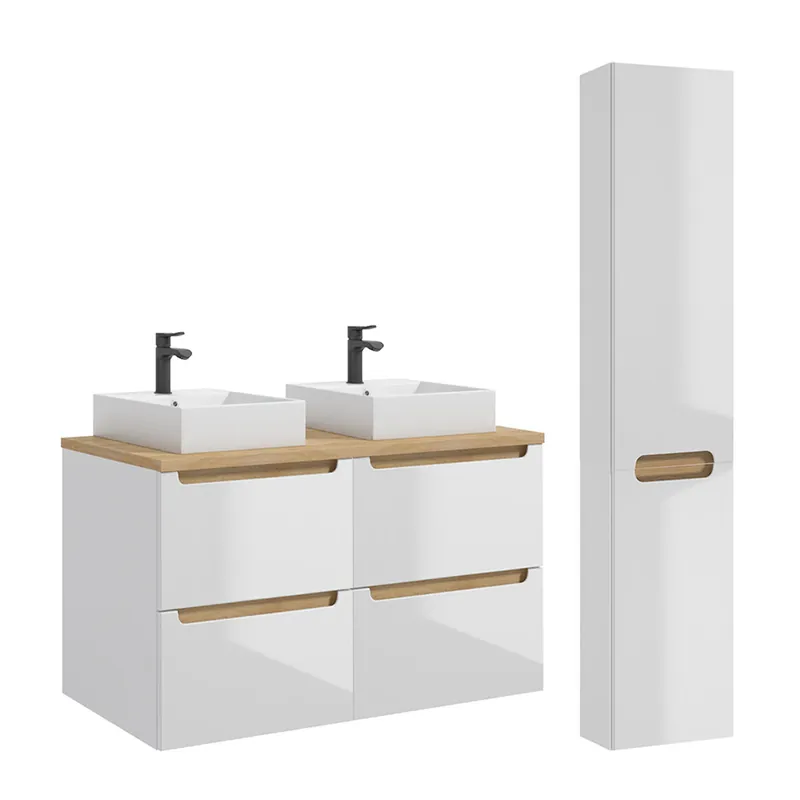 Conjunto de muebles con doble lavabo 120cm 4 cajones y columna Livia Blanco y Madera - Baño