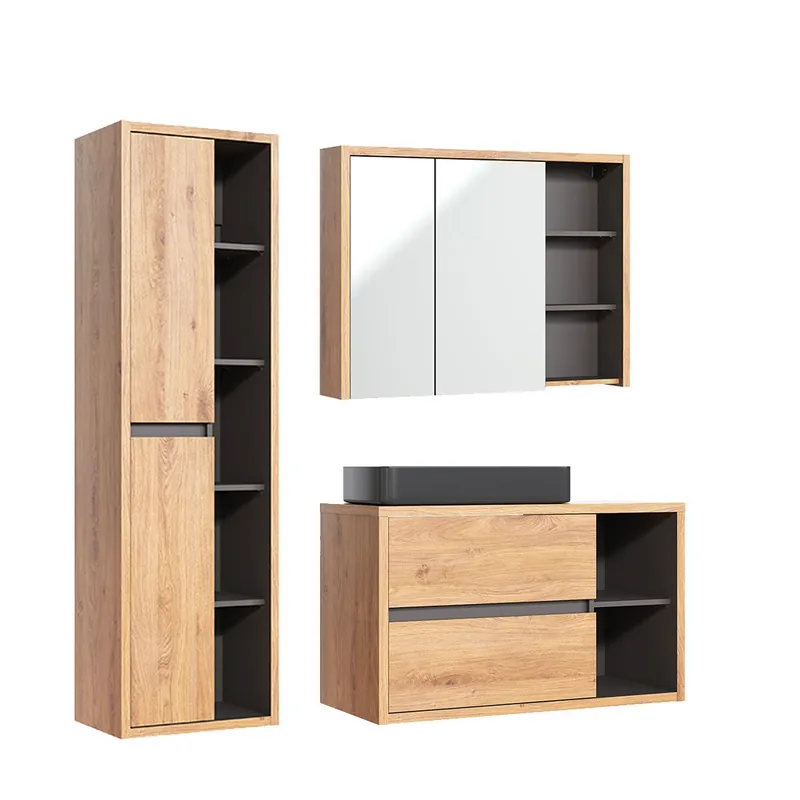 Conjunto de muebles con lavabo individual 100cm, columna y armario de pared Rigel madera y antracita - Baño