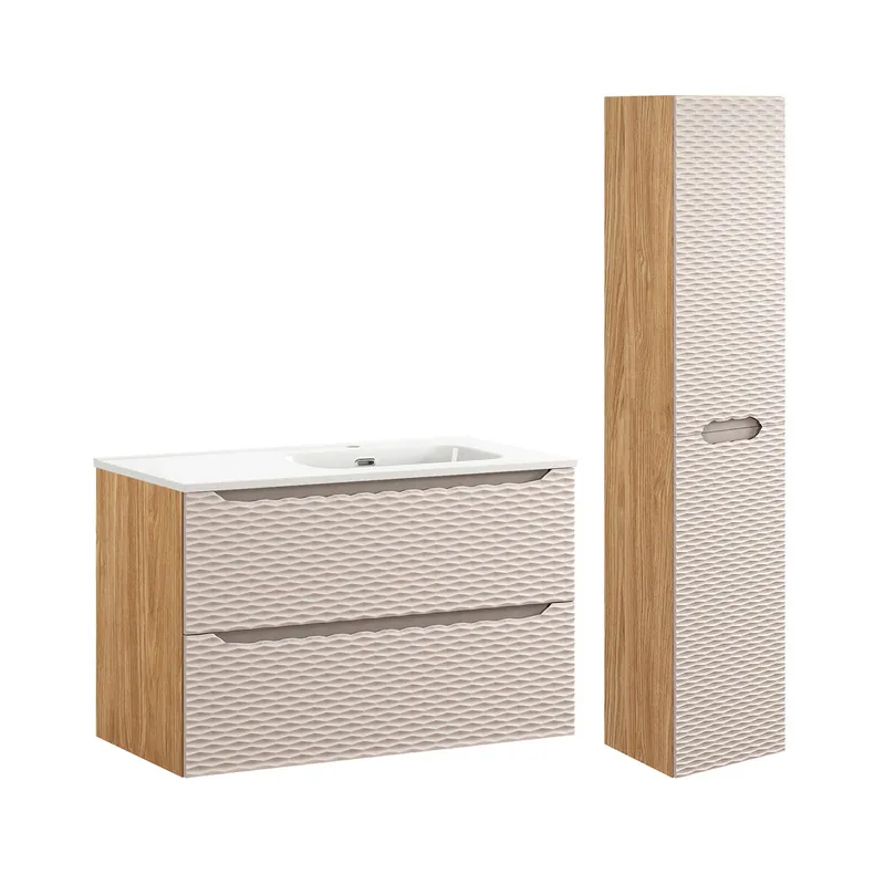 Conjunto de muebles con lavabo individual encastrado lado derecho 90cm y columna Elora Beige y madera - Baño