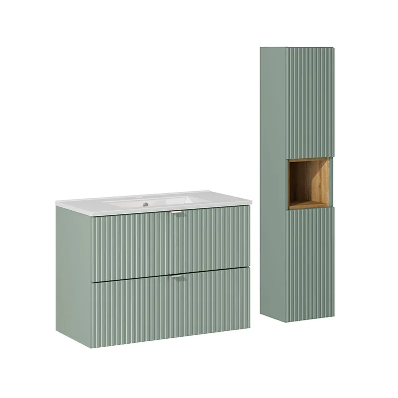 Conjunto de muebles con lavabo individual encastrado 80cm 2 cajones y columna Jade Verde y Madera - Baño