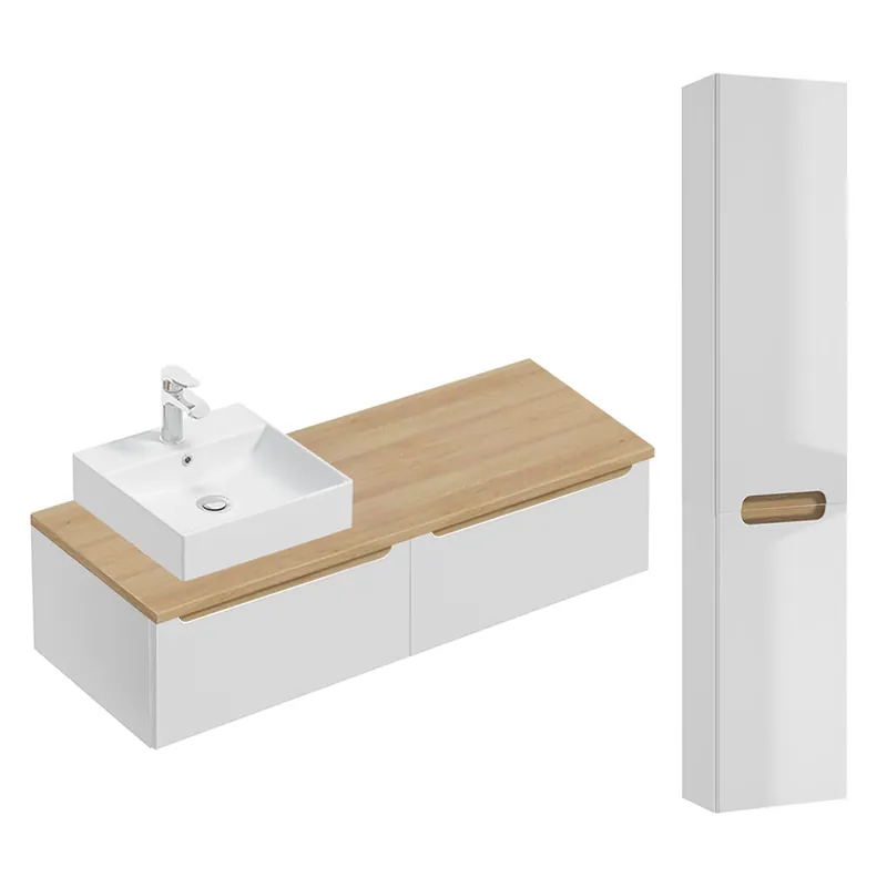 Conjunto de muebles con lavabo individual 120cm 2 cajones y columna Livia Blanco y Madera - Baño