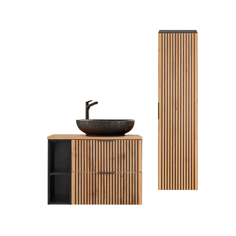 Conjunto de muebles con lavabo individual 80cm 2 compartimientos y columna Gaia Madera y Negro - Lavabo Negro
