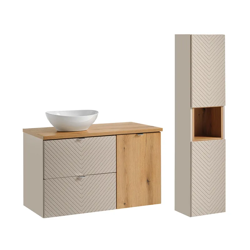 Conjunto de muebles con lavabo individual 100cm cesto ropa y columna Manoa Cachemira y madera - Baño