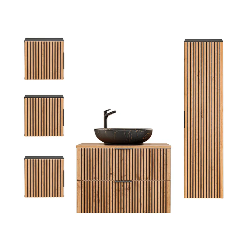 Conjunto de muebles con lavabo individual 80 cm columna y 3 armarios de pared Gaia Madera y Negro - Lavabo Negro