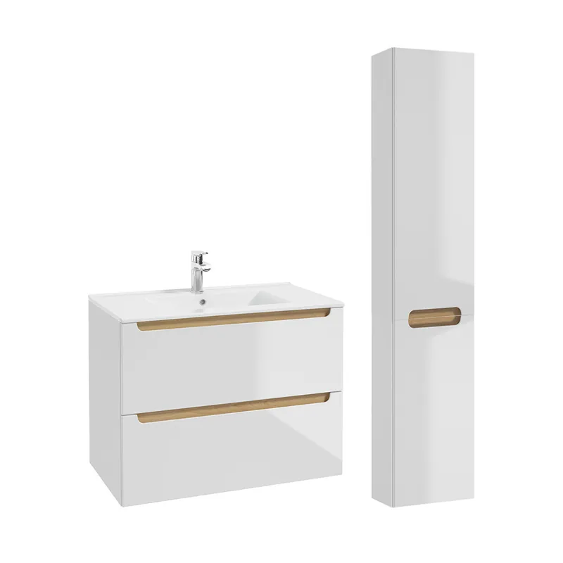 Conjunto de muebles con lavabo individual encastrado 80cm 2 cajones y columna Livia Blanco y Madera - Baño